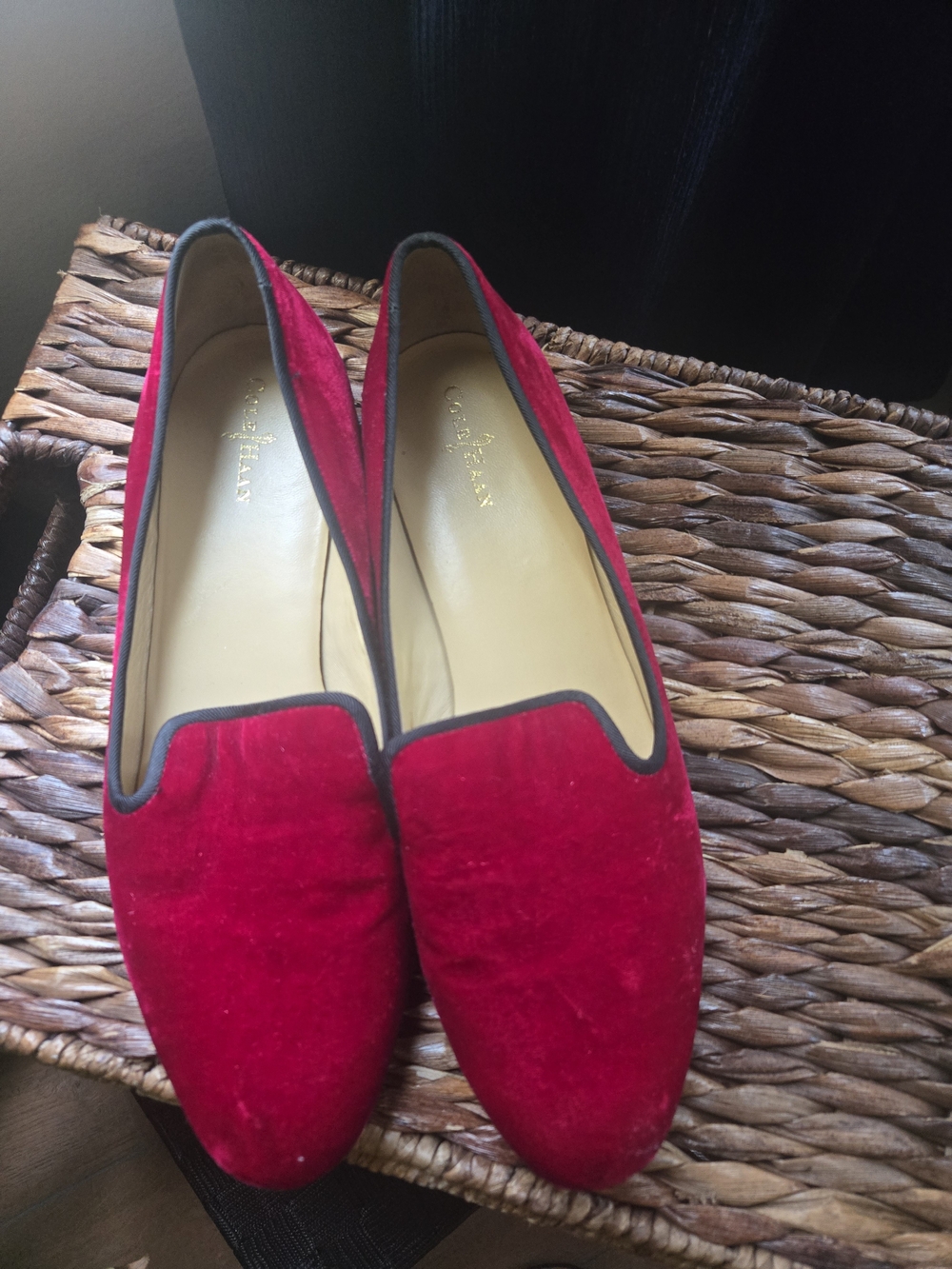 Cole Haan Bright Red Velvet Slip-On Loafers with Black Trim
